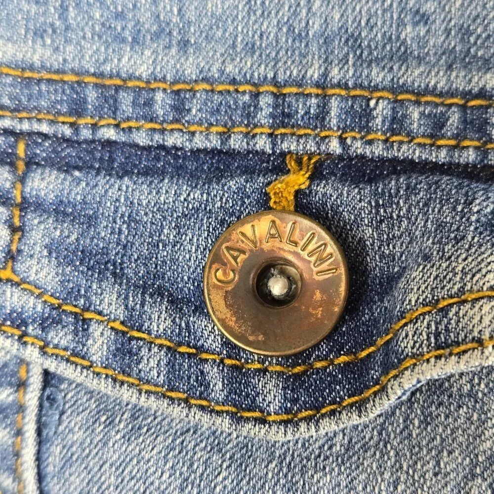 Cavalini Size Small Blue Denim Jean Jacket Button Front Pockets Long Sleeve
